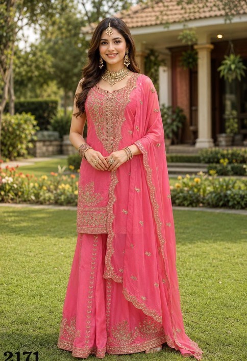 Beads Diamond Embroidered and Sequins Work Silk Palazzo Salwar Suit In Pink Colour